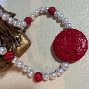 Majorca White Pearl with Red and Floral and Chinese Bead Necklace.